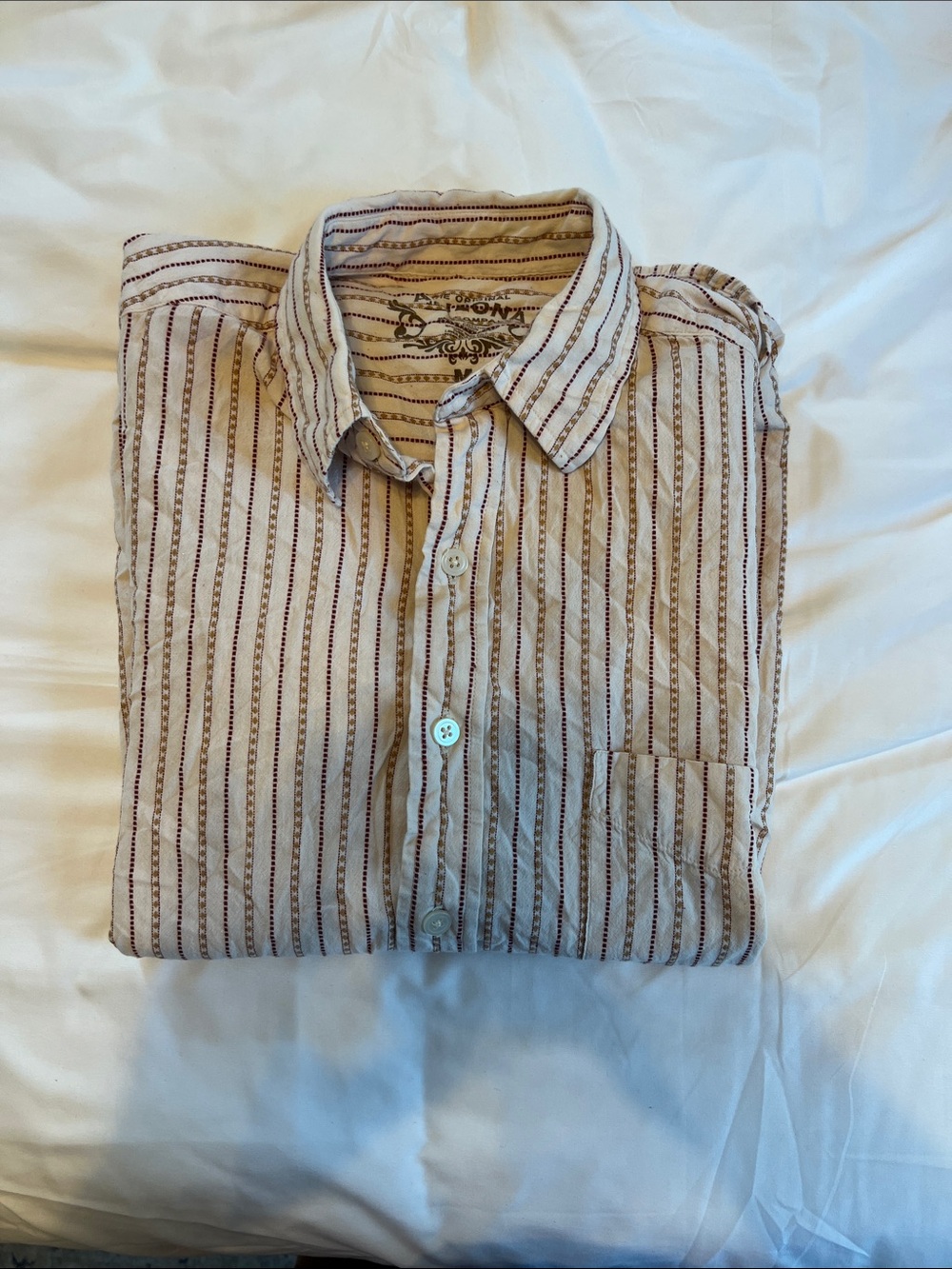 Arizona Jean Company Beige and Brown Striped Short-Sleeve Button-Down Shirt